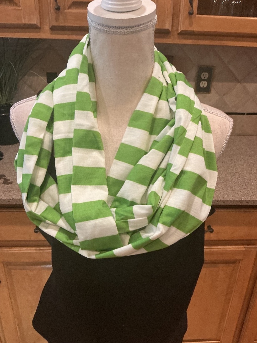 Green and white striped inifity scarf